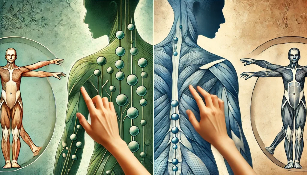 Ilustração abstrata comparando as práticas de Shiatsu e massoterapia, com enfoque em pontos energéticos e músculos.
