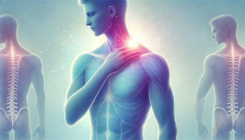 Ilustração abstrata de uma silhueta humana com destaque em pontos de dor, simbolizando o alívio que o Shiatsu pode oferecer para quem tem fibromialgia.