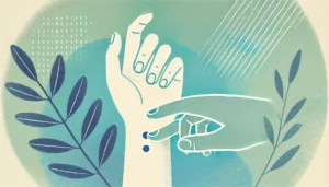 Ilustração de uma mão pressionando pontos de acupressão no pulso e entre as sobrancelhas para aliviar a ansiedade.