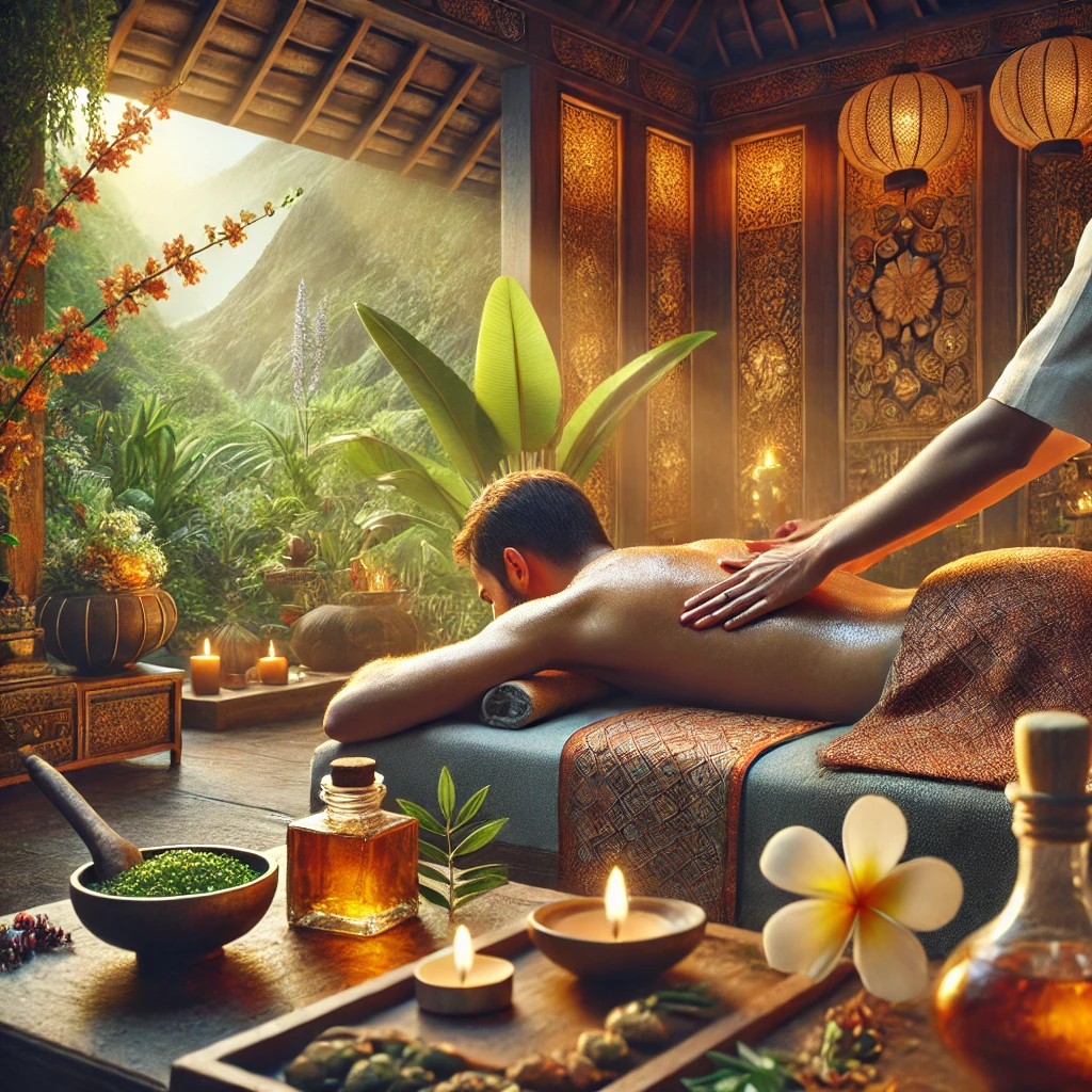 Homem recebendo massagem com elementos da terapia ayurveda