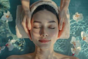 Mulher oriental com pele jovem e bonita recebendo massagem no rosto