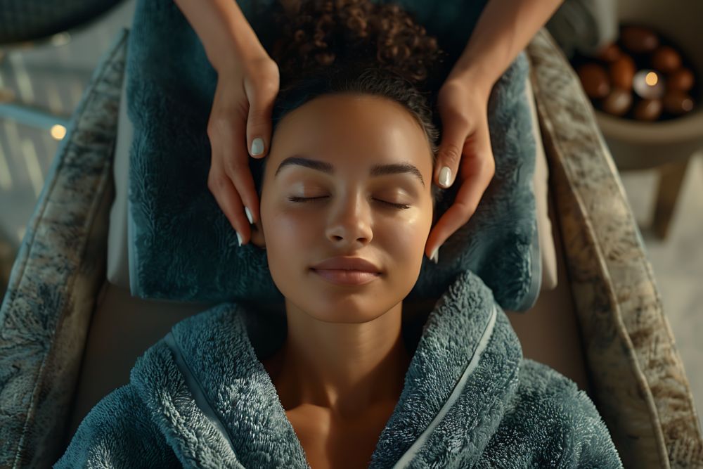 Mulher relaxada recebendo massagem facial
