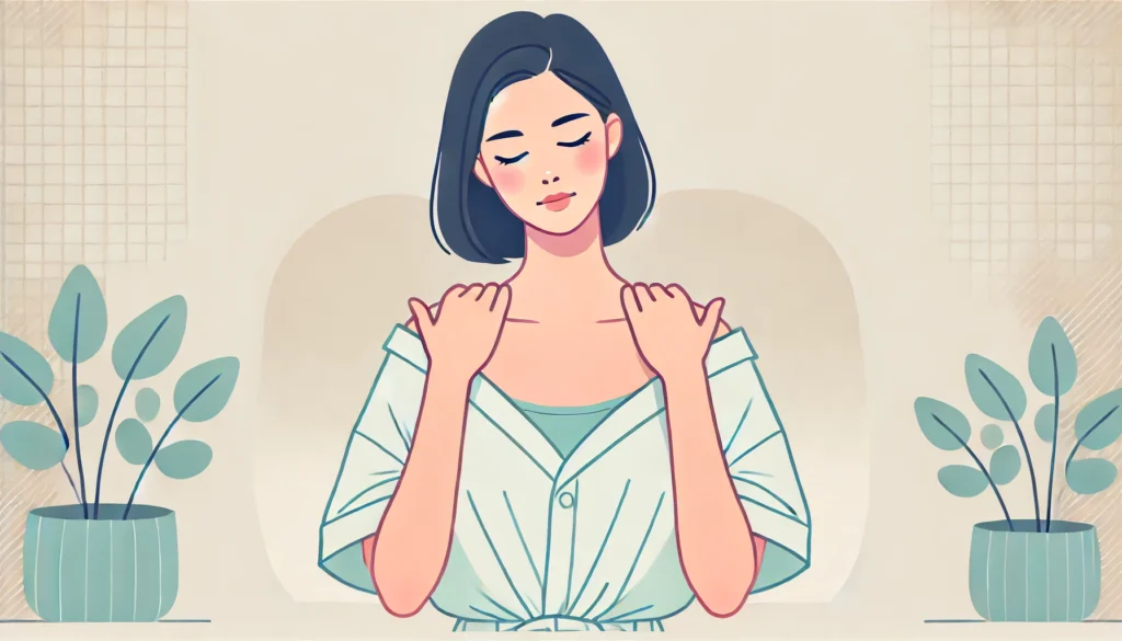 Uma mulher de expressão serena e olhos fechados faz automassagem nos ombros, com as mãos aplicando leve pressão. Ela veste uma blusa confortável, e o fundo é em tons pastel, criando uma sensação de relaxamento.