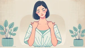Uma mulher de expressão serena e olhos fechados faz automassagem nos ombros, com as mãos aplicando leve pressão. Ela veste uma blusa confortável, e o fundo é em tons pastel, criando uma sensação de relaxamento.