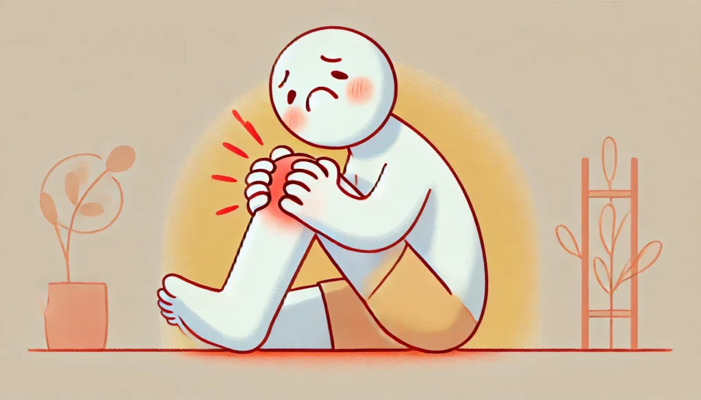 Ilustração engraçada de uma pessoa massageando o próprio joelho, com uma expressão exagerada de desconforto, em um cenário simples com cores quentes e traços suaves.