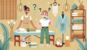Ilustração divertida de uma pessoa escolhendo roupas para uma sessão de massagem em um ambiente de spa, com o massoterapeuta sorrindo ao fundo, cercado de elementos como toalhas e velas.