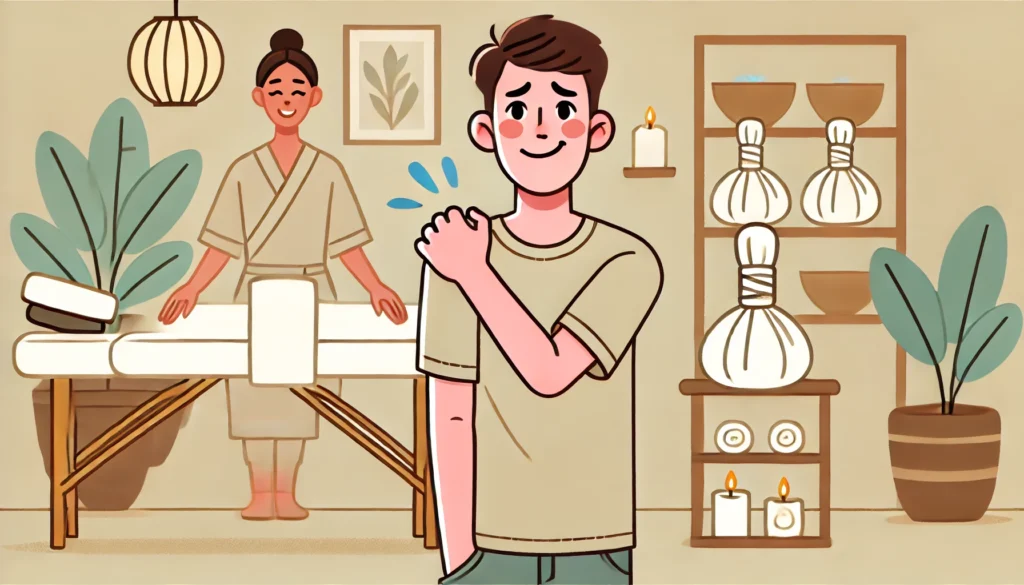 Ilustração de uma pessoa em uma sala de massagem aconchegante, tocando o ombro com expressão levemente surpresa, enquanto o terapeuta sorri ao fundo. A sala tem decoração minimalista com velas e toalhas em tons suaves.