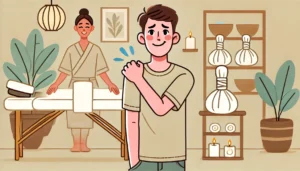 Ilustração de uma pessoa em uma sala de massagem aconchegante, tocando o ombro com expressão levemente surpresa, enquanto o terapeuta sorri ao fundo. A sala tem decoração minimalista com velas e toalhas em tons suaves.