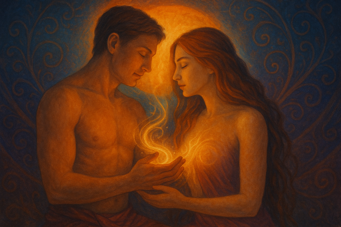 Homem e mulher em posição íntima e meditativa, trocando energia luminosa entre as mãos, com fundo místico em tons azulados e dourados, representando conexão espiritual e união tântrica.